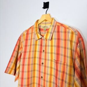 Tommy Bahama Mens Silk Camp Shirt Orange Yellow Plaid Short Sleeve Size Medium